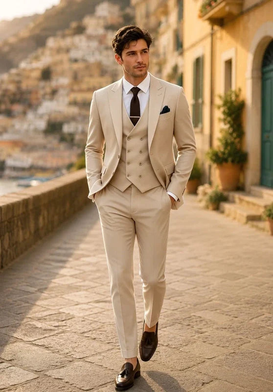 Costume Trois Pièces Homme Coupe Slim avec Col Peak et Gilet Croisé