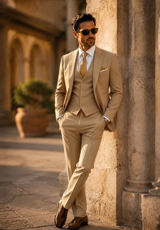 Costume Trois Pièces Homme Coupe Slim avec Col Notch et Gilet Col V