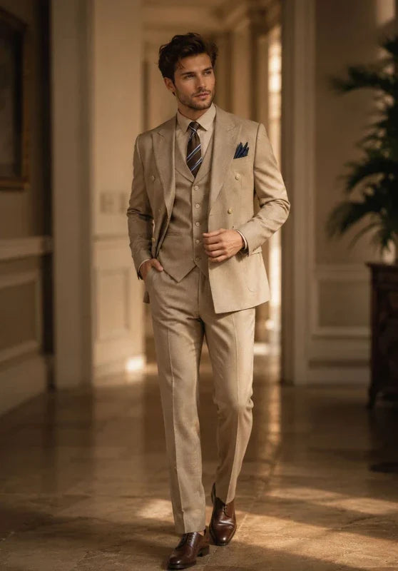 Costume Trois Pièces Homme Coupe Slim avec Veste Croisée et Col Peak