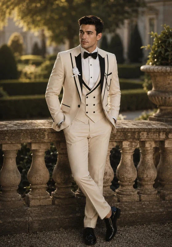 Costume Trois Pièces Homme Coupe Slim avec Col Peak et Gilet Croisé