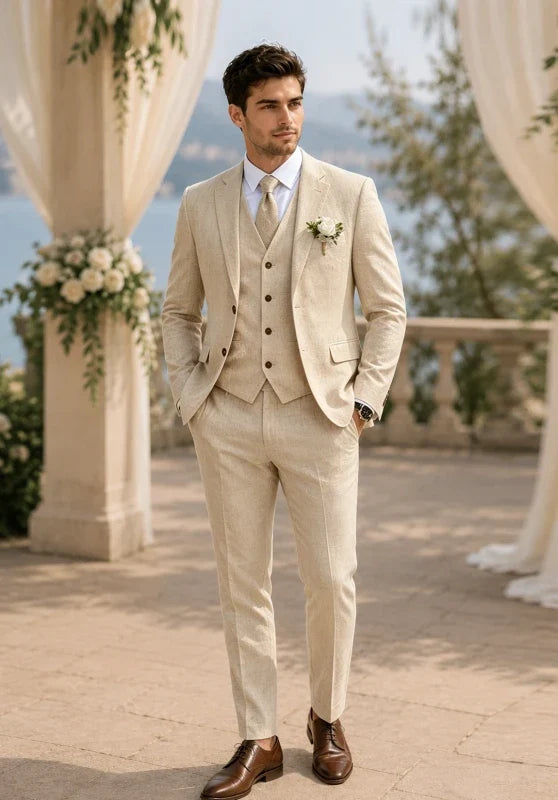 Costume Trois Pièces Homme Coupe Regular en Lin Respirant avec Col Notch et Gilet Cinq Boutons