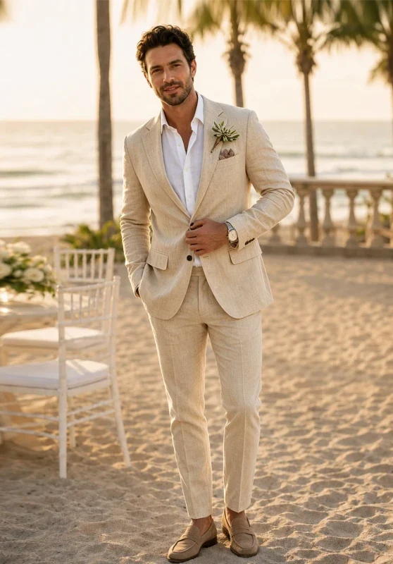 Traje de dos piezas para hombre de corte slim en lino, con solapas de muesca y bolsillos con solapa