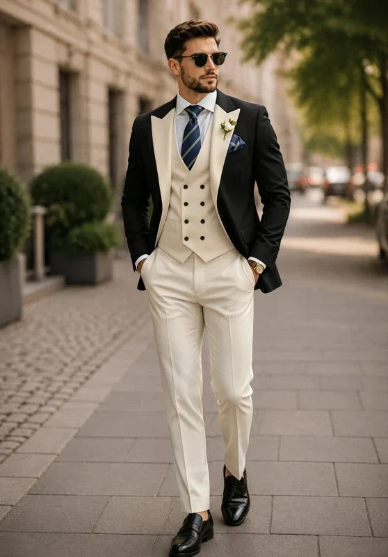 Costume Trois Pièces Homme Coupe Slim Infroissable avec Col Peak et Gilet Croisé