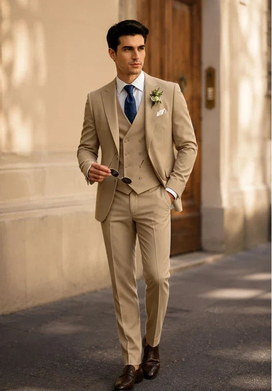 Costume Trois Pièces Homme Coupe Slim avec Gilet Croisé et Poches à Rabat