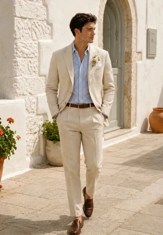 Costume Deux Pièces Homme Coupe Slim en Lin avec Col Peak et Poches Plaquées