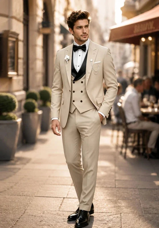Costume Trois Pièces Homme Coupe Slim avec Col Peak Contrastant et Gilet Croisé