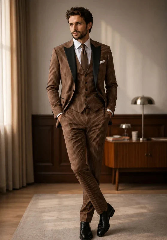 Costume Trois Pièces Homme Coupe Slim à Rayures avec Col Contrastant et Gilet Assorti