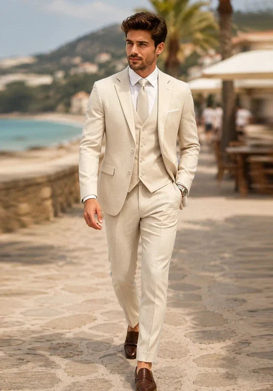 Costume Trois Pièces Homme Coupe Slim avec Col Notch et Gilet Assorti