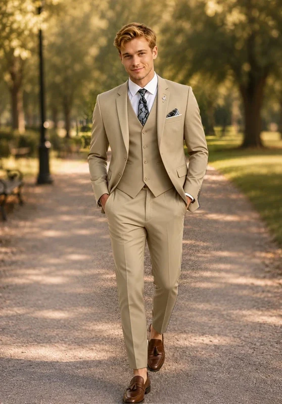 Costume Trois Pièces Homme Coupe Slim avec Col Notch et Gilet Cinq Boutons