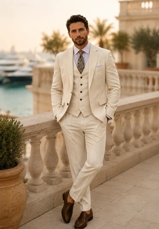 Costume Trois Pièces Homme Coupe Ajustée en Lin avec Col Notch et Veste à Fentes