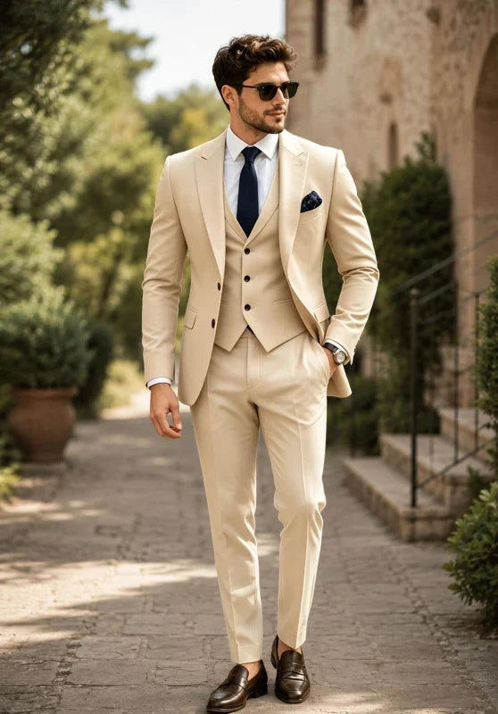 Heren driedelig pak met slim fit, met contrasterende revers en een gilet met knopen