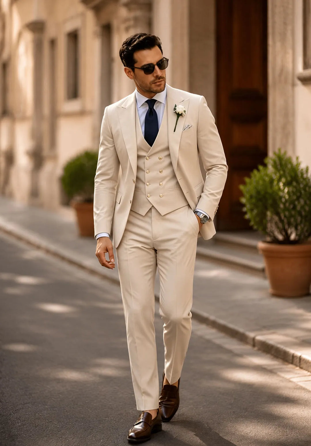 Costume Trois Pièces Homme Coupe Regular avec Gilet Croisé et Col Peak