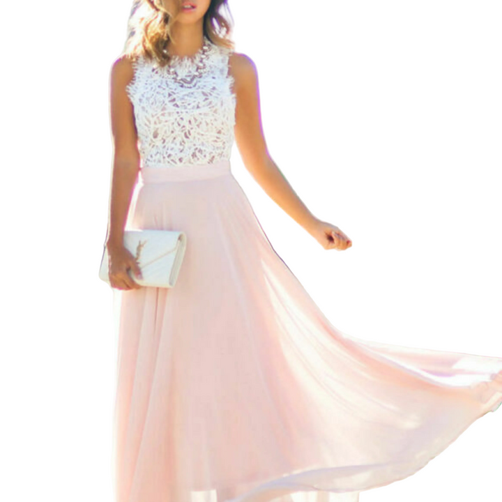Robe longue pour femme, avec un corsage en dentelle délicate et une jupe fluide de couleur rose pâle. Parfaite pour une occasion spéciale ou un événement élégant, cette robe combine raffinement et modernité.
