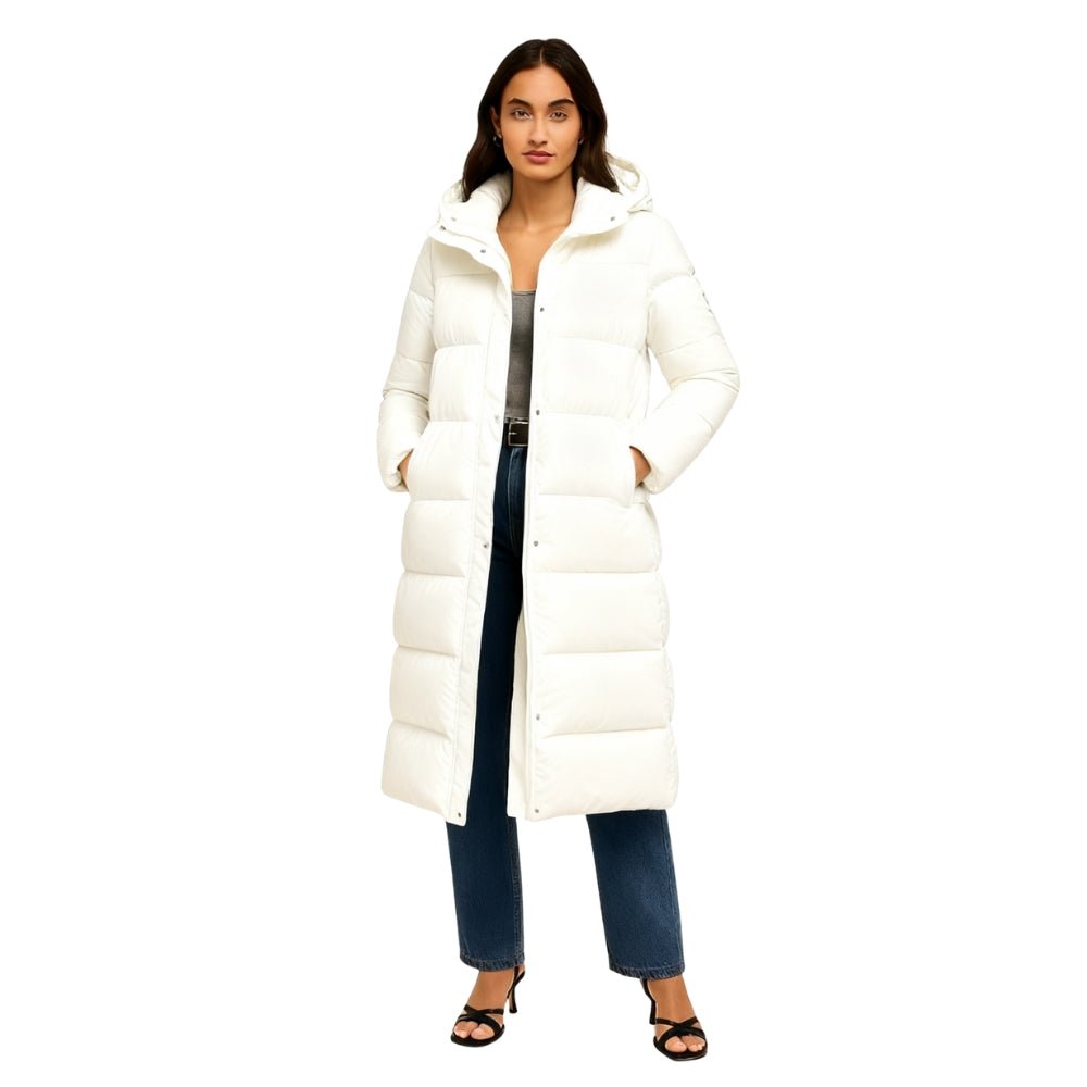 Cappotto lungo da donna in piumino con cappuccio