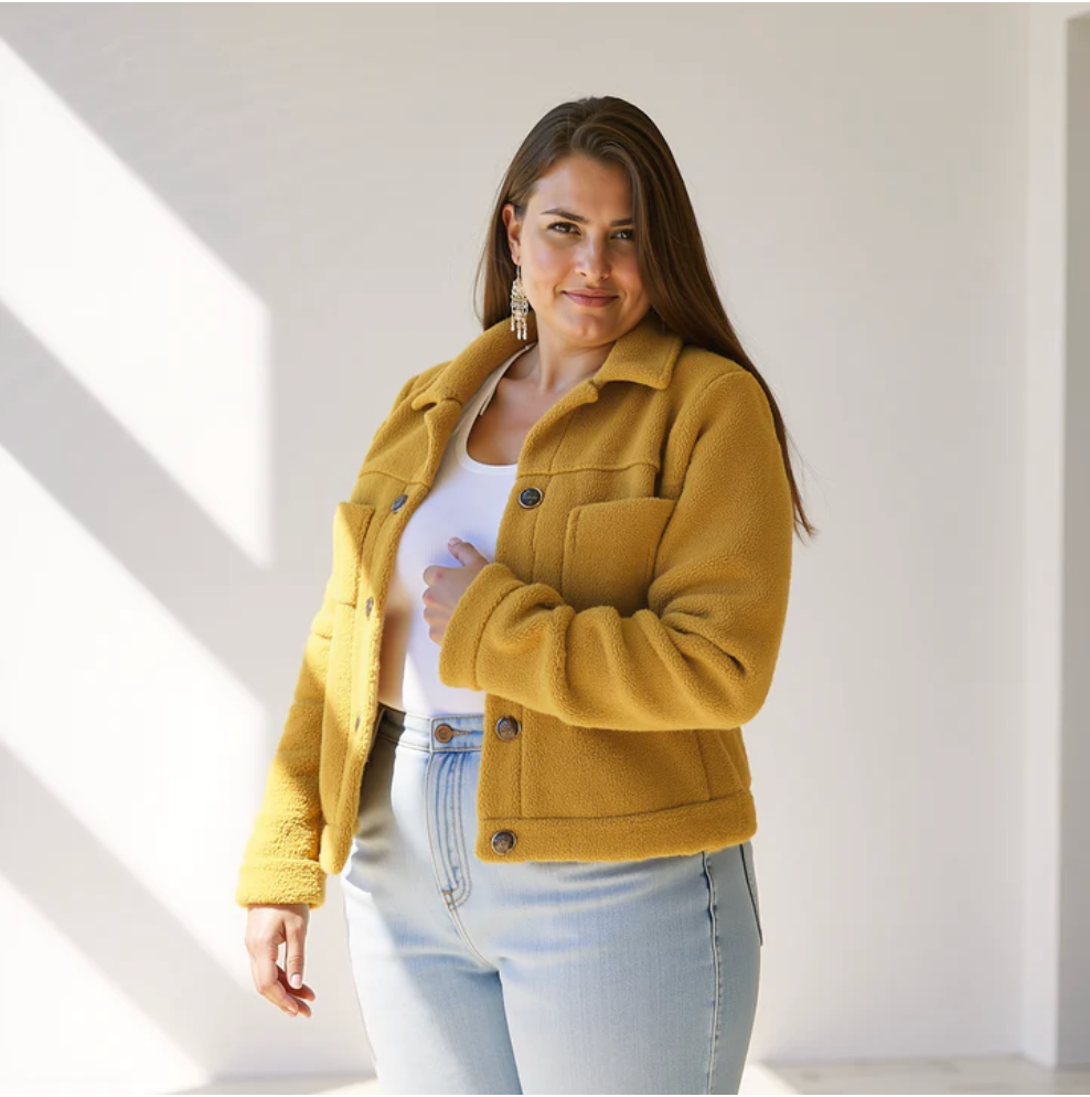 Veste Teddy Courte Femme – Coupe Décontractée, Col Pointu et Boutons