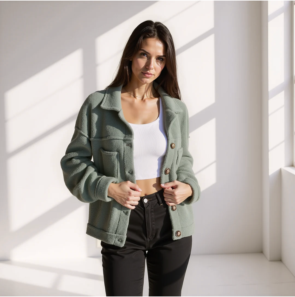 Veste Teddy Courte Femme – Coupe Décontractée, Col Pointu et Boutons