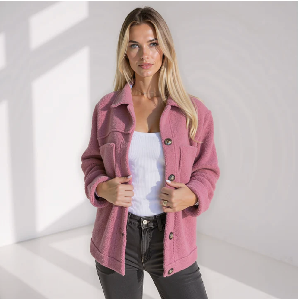Veste Teddy Courte Femme – Coupe Décontractée, Col Pointu et Boutons