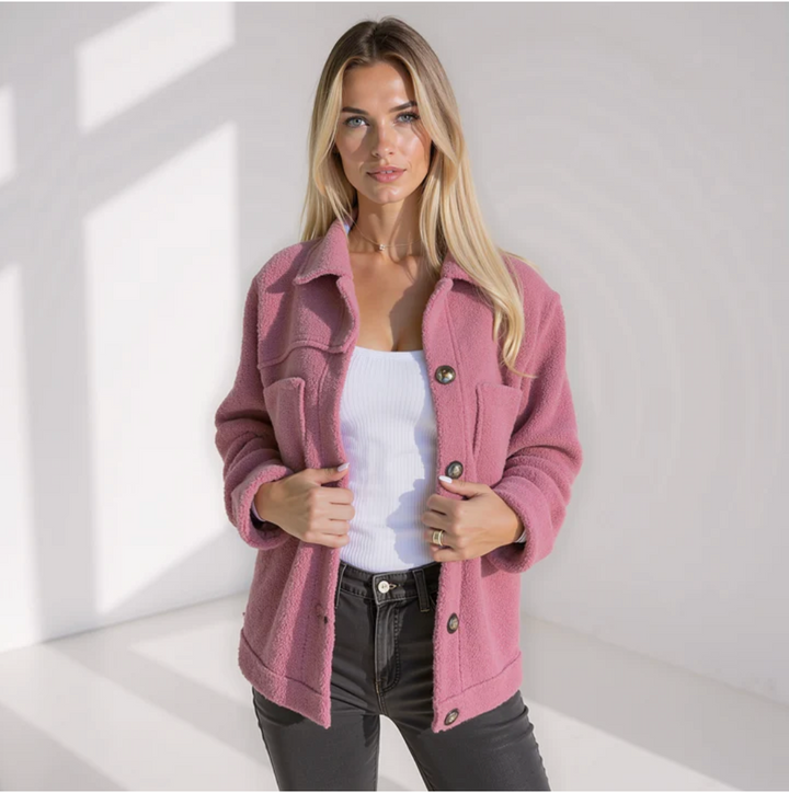 Veste Teddy Courte Femme – Coupe Décontractée, Col Pointu et Boutons