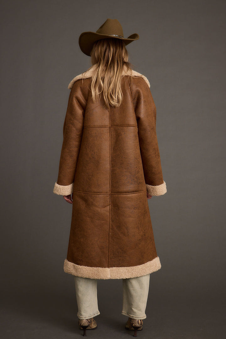 Veste en Cuir d'Agneau Véritable pour Femme Marron avec Col en Fausse Fourrure
