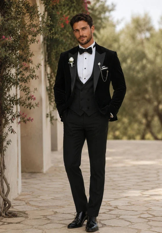Men's Slim Fit Three-Piece Velvet Suit with Contrasting Lapel and Bow Tie