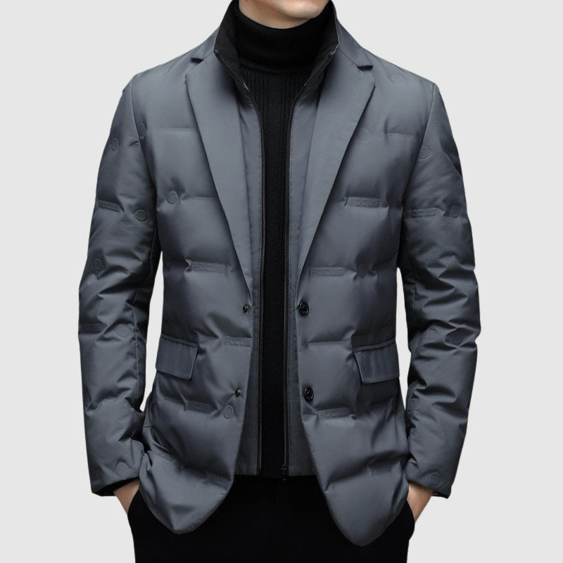 Men's Duck Down Puffer Jacket with Notched Collar and Buttons