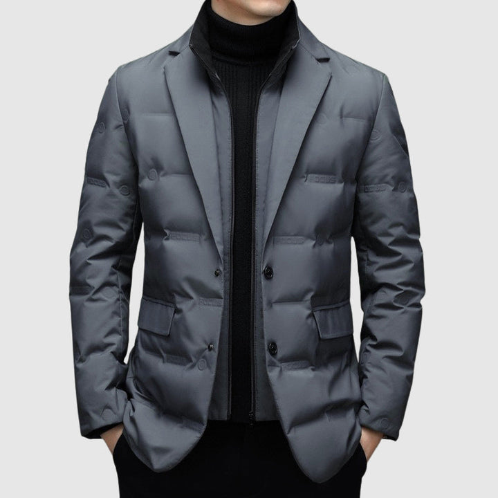 Men's Duck Down Puffer Jacket with Notched Collar and Buttons