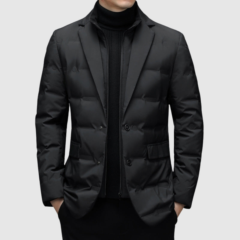 Men's Duck Down Puffer Jacket with Notched Collar and Buttons