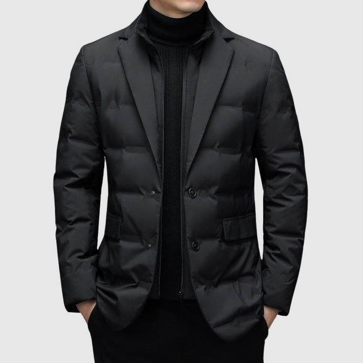 Men's Duck Down Puffer Jacket with Notched Collar and Buttons