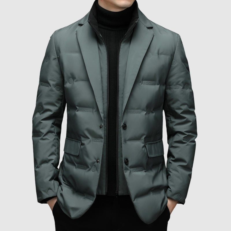 Men's Duck Down Puffer Jacket with Notched Collar and Buttons