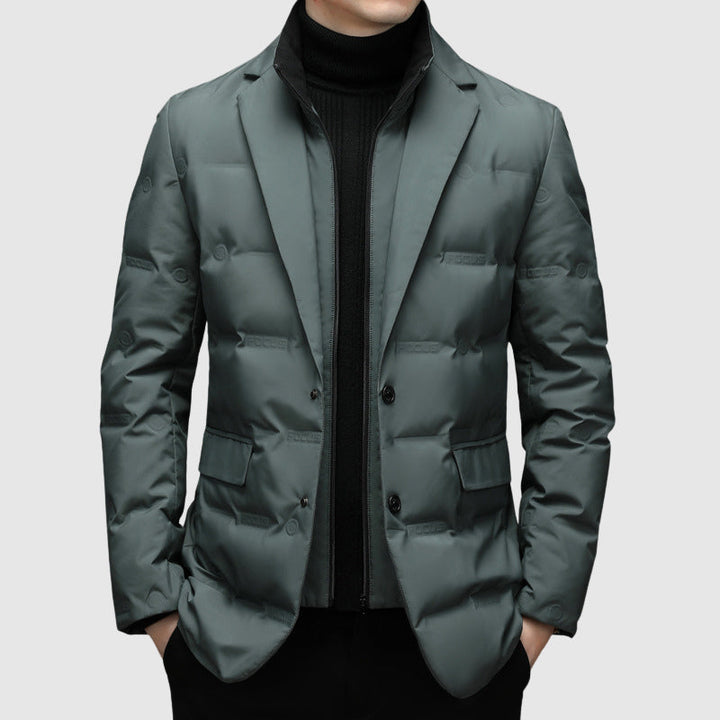 Men's Duck Down Puffer Jacket with Notched Collar and Buttons