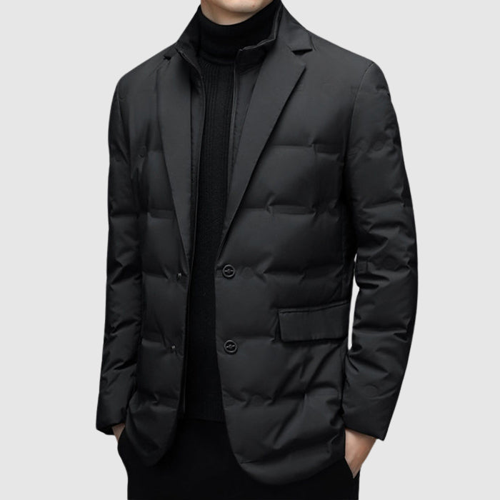 Men's Duck Down Puffer Jacket with Notched Collar and Buttons