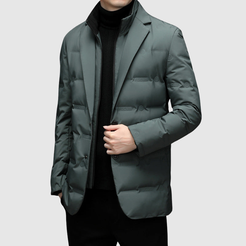 Men's Duck Down Puffer Jacket with Notched Collar and Buttons