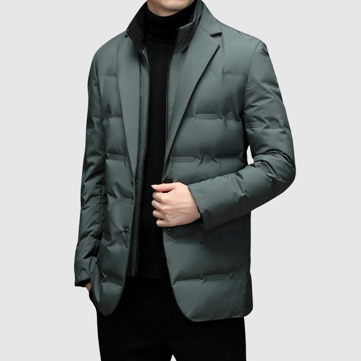 Men's Duck Down Puffer Jacket with Notched Collar and Buttons