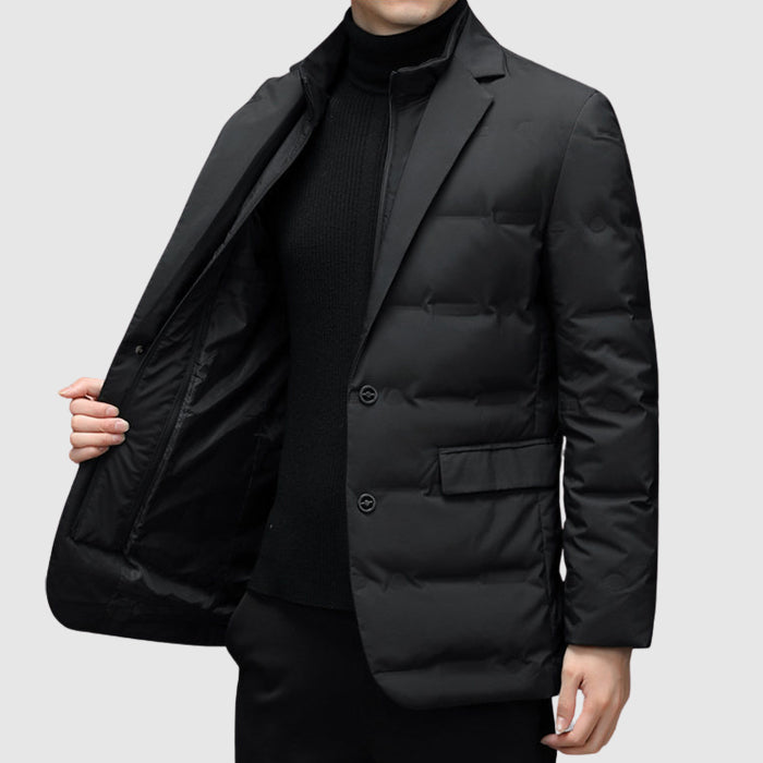 Men's Duck Down Puffer Jacket with Notched Collar and Buttons
