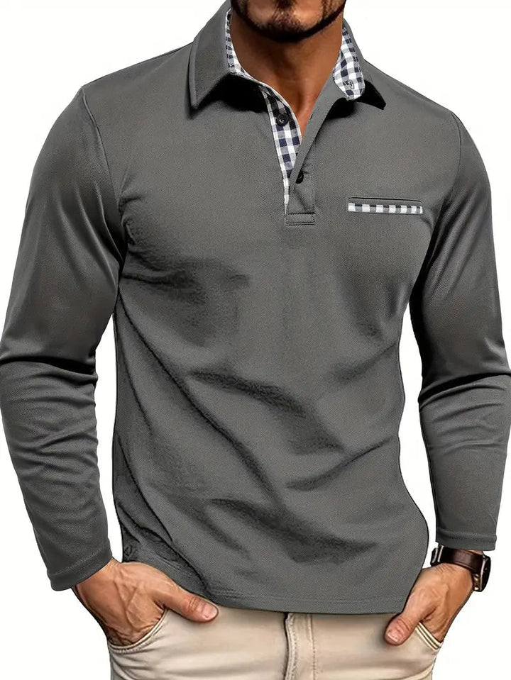 Polo Homme à Manches Longues – Col et Patte de Boutonnage à Détails Carreaux