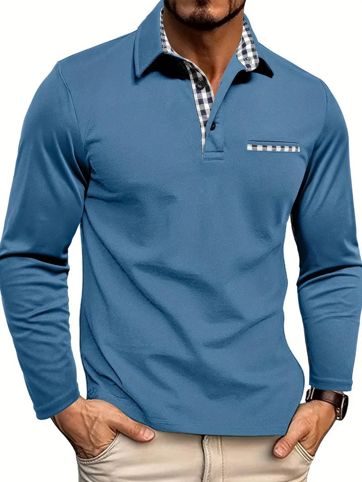 Polo Homme à Manches Longues – Col et Patte de Boutonnage à Détails Carreaux