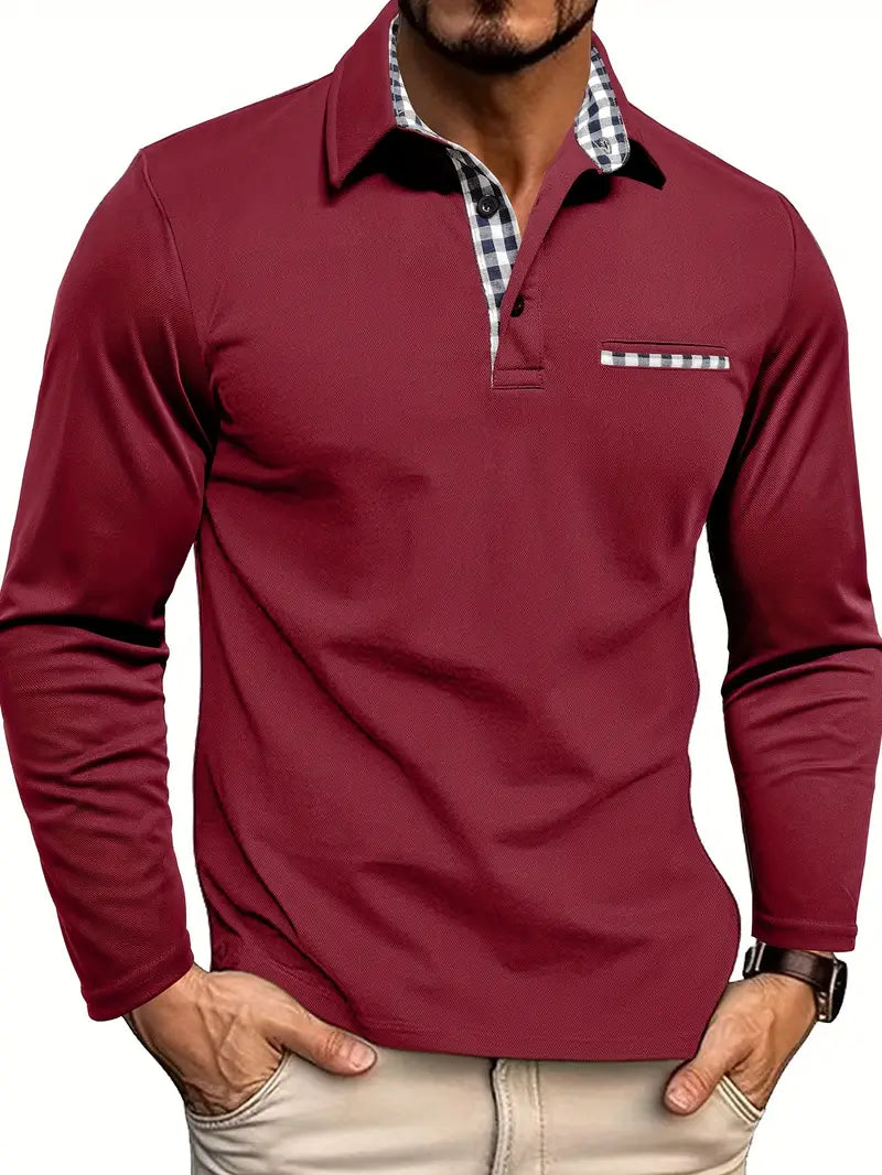 Polo Homme à Manches Longues – Col et Patte de Boutonnage à Détails Carreaux