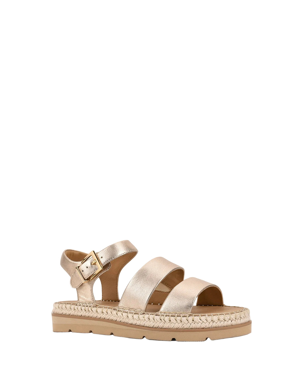 Sandales Lennon compensées dorées pour femme, plateforme stable et hauteur confortable pour les sorties habillées.