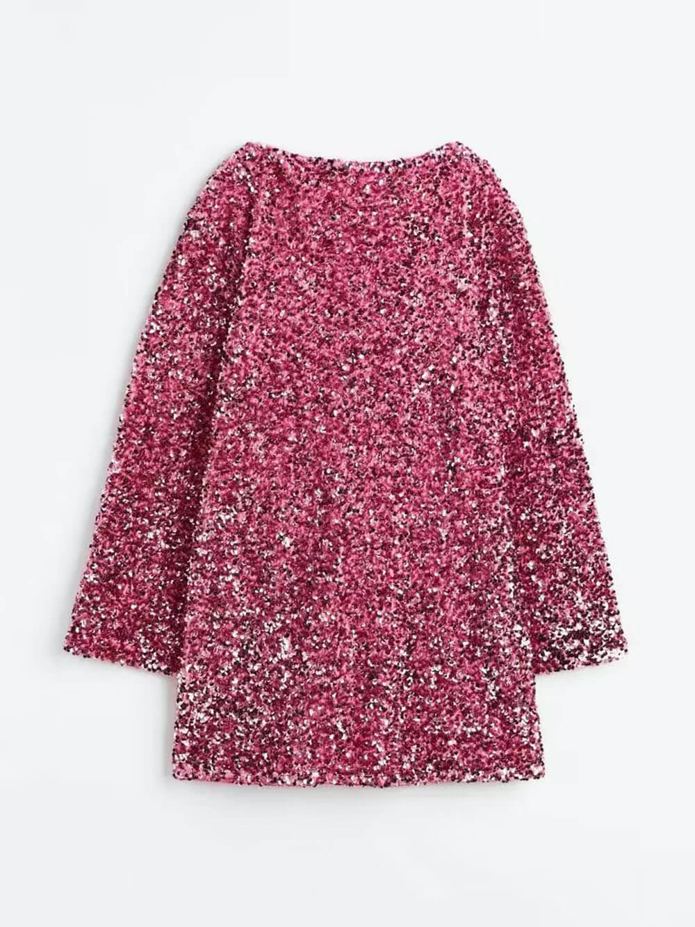 Robe à manches longues entièrement recouverte de sequins roses, offrant un style scintillant et élégant pour des occasions spéciales.