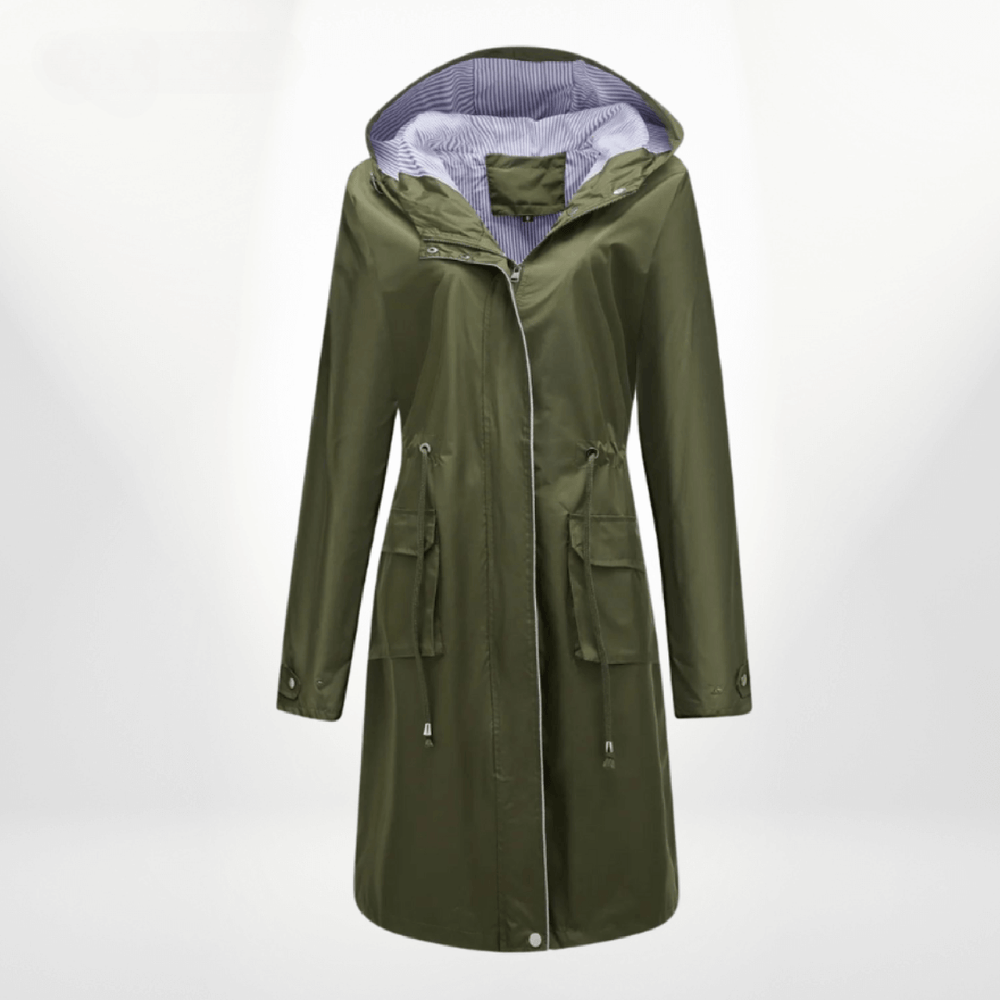 Manteau long vert pour femme avec capuche doublée, fermeture éclair, cordons de serrage à la taille et grandes poches à rabat, présenté sur fond clair.