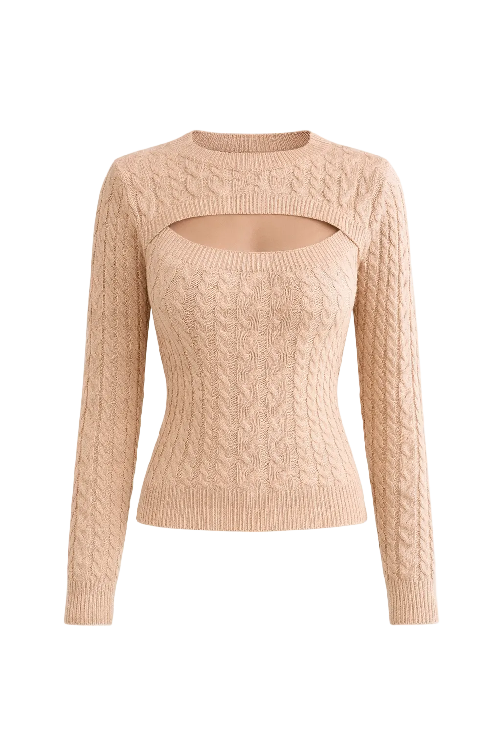Haut tricoté à manches longues pour femme, couleur Kaki, avec un décolleté découpé moderne. Le tricot présente un design torsadé élégant, offrant une coupe ajustée et un style tendance, parfait pour une tenue chic et décontractée.