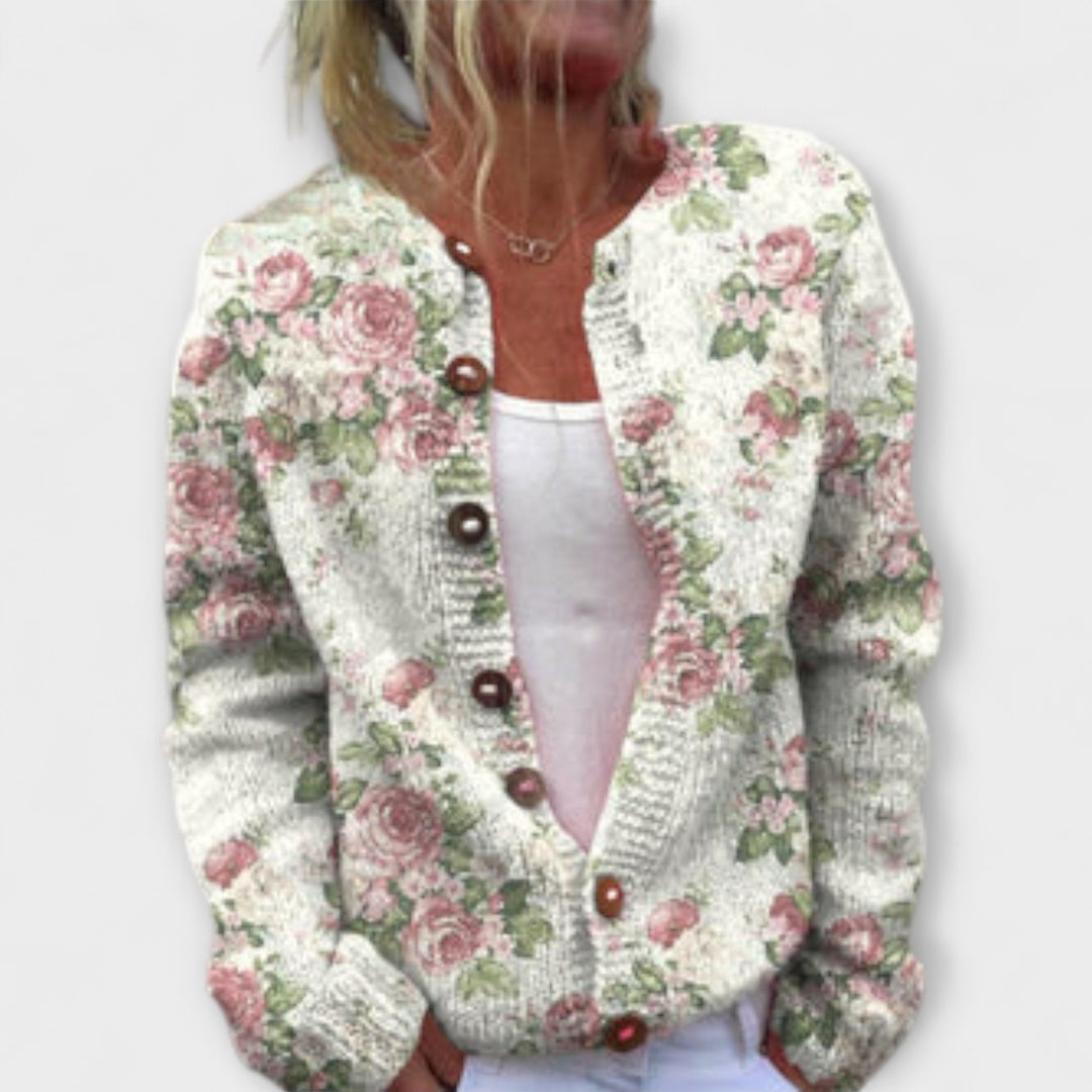 Cardigan Femme en Maille Crème à Imprimé Floral