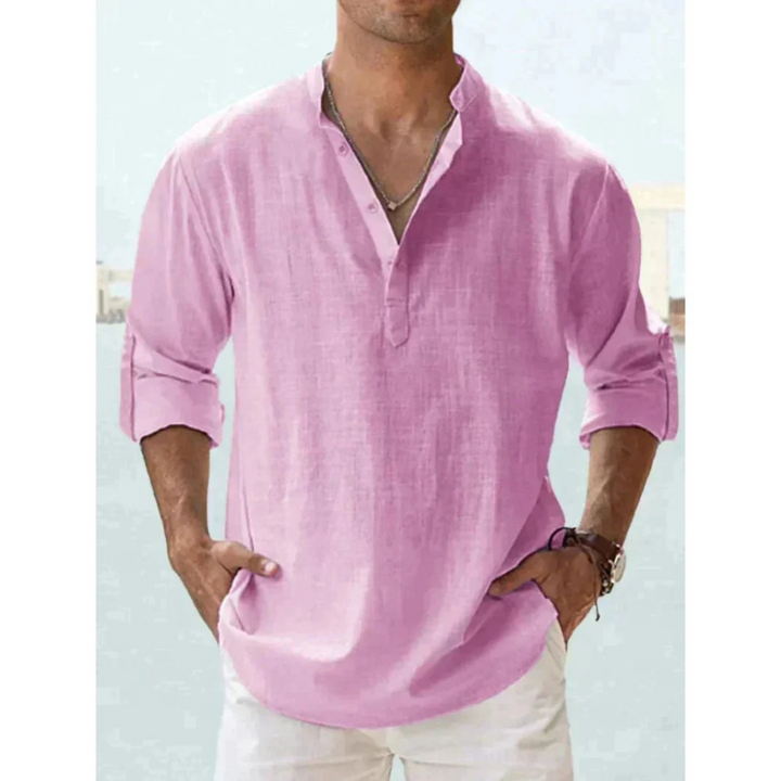 Chemise légère pour homme Ludovic en couleur rose, avec col Henley et manches longues retroussables, parfaite pour un style décontracté et estival.