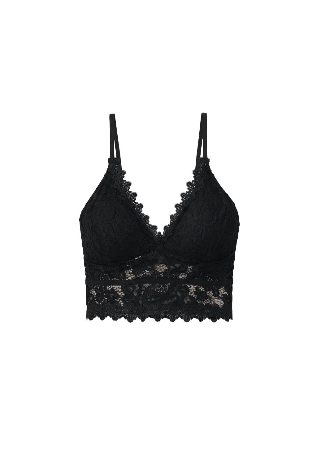 Top court en dentelle pour femme noir, à fines bretelles avec décolleté en V et motifs floraux délicats, coupe ajustée et style tendance et élégant.