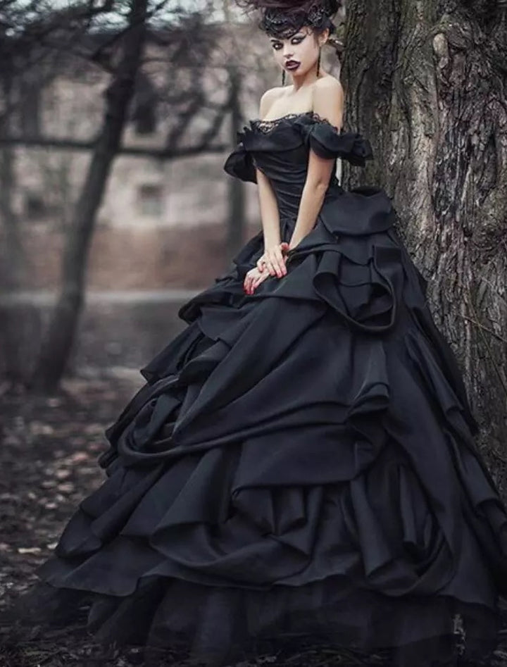 Robe De Mariée Pour Invitée Noire À Volants Et Épaules Dénudées Pour Femme | Maxi