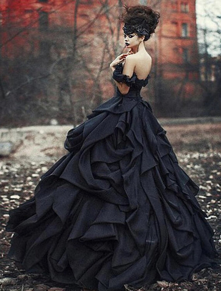 Robe De Mariée Pour Invitée Noire À Volants Et Épaules Dénudées Pour Femme | Maxi