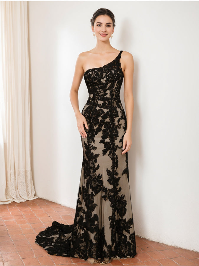 Robe De Mariée Pour Invitée Noire À Une Épaule Pour Femmes | Maxi