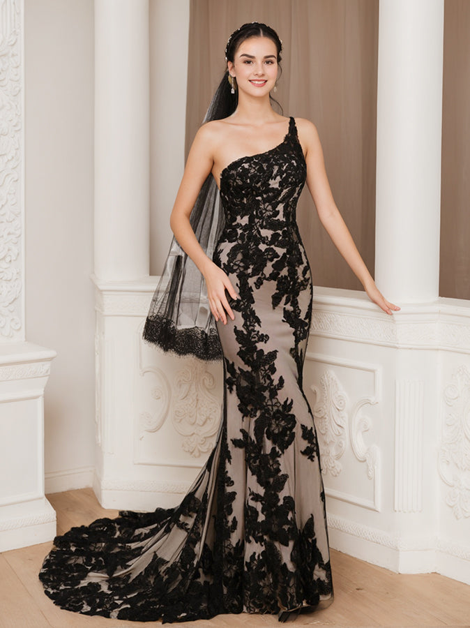 Robe De Mariée Pour Invitée Noire À Une Épaule Pour Femmes | Maxi