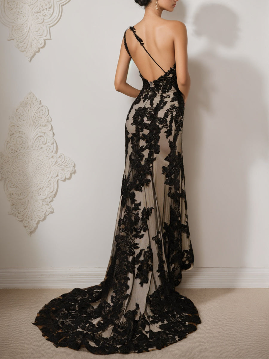 Robe De Mariée Pour Invitée Noire À Une Épaule Pour Femmes | Maxi
