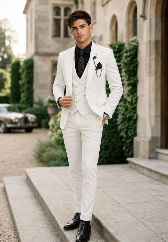 Costume Trois Pièces Homme Coupe Slim avec Col Notch et Gilet Cinq Boutons